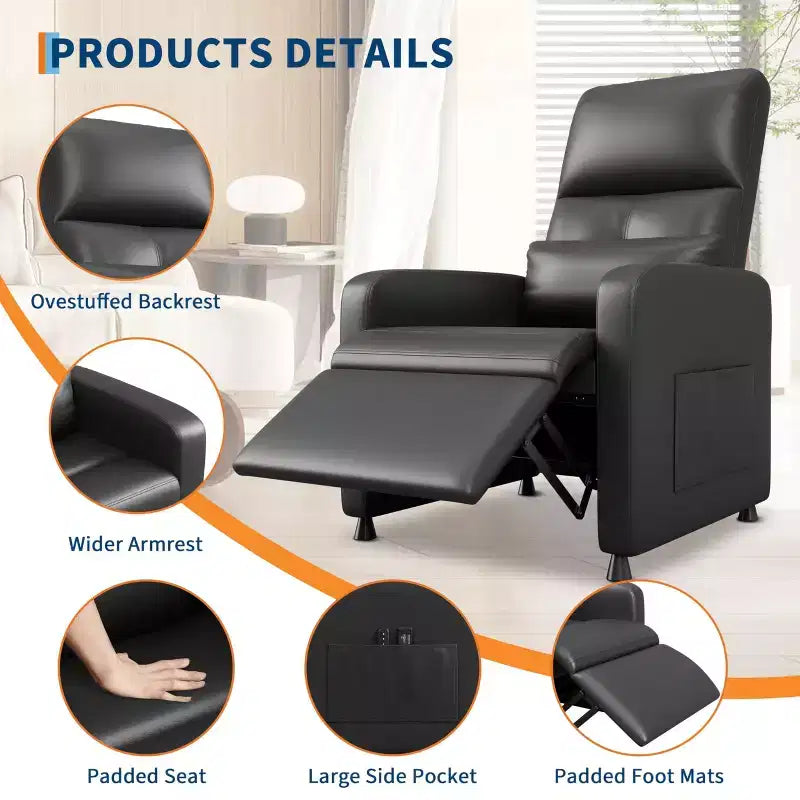 Power Recliner Chair - Heat and Massage, Adjustable Electric Recliner Ergonomic PU Leather Single Sofa, Tall Back, Padded Seat, Home Theater Seating