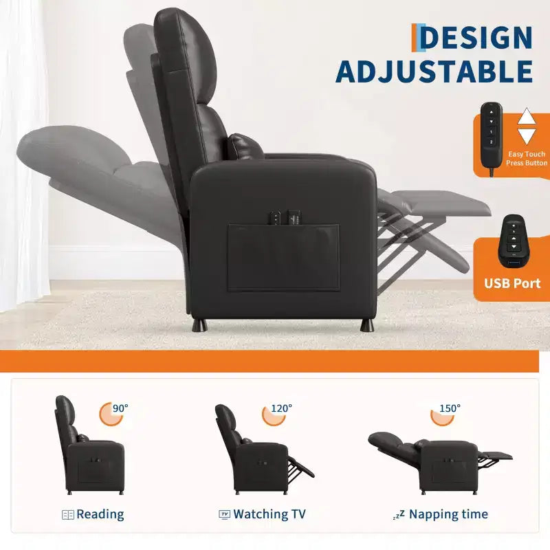 Power Recliner Chair - Heat and Massage, Adjustable Electric Recliner Ergonomic PU Leather Single Sofa, Tall Back, Padded Seat, Home Theater Seating