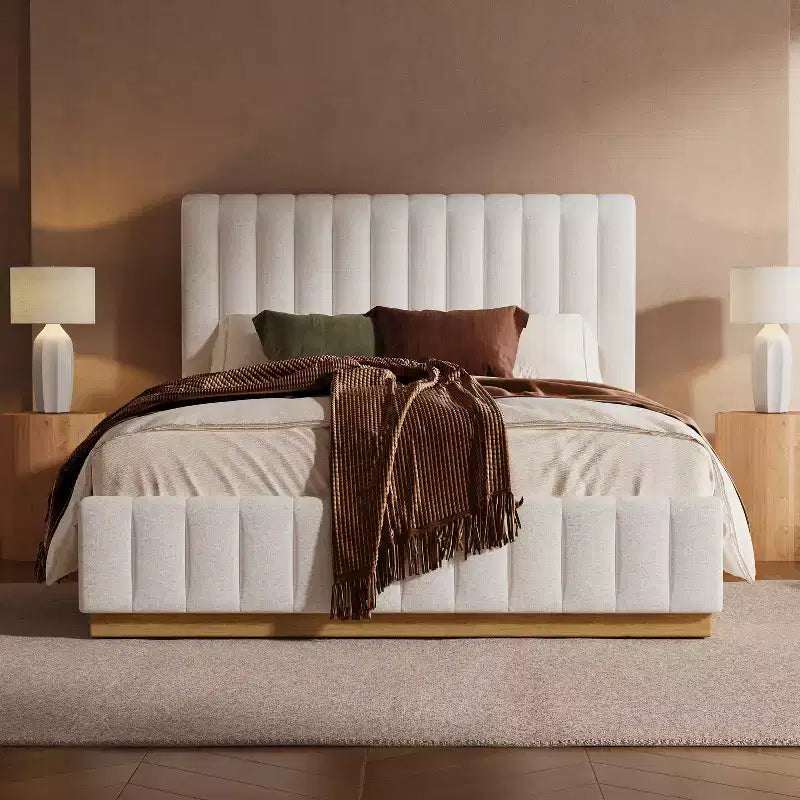 Christopher Knight Home Wendy Modern Linen Upholstered Platform Bed Frame with Vertically Stitched Thick Headboard