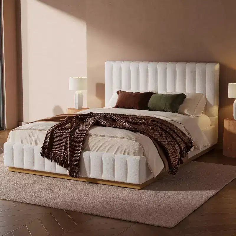 Modern Linen Upholstered Platform Bed Frame with Vertically Stitched Thick Headboard