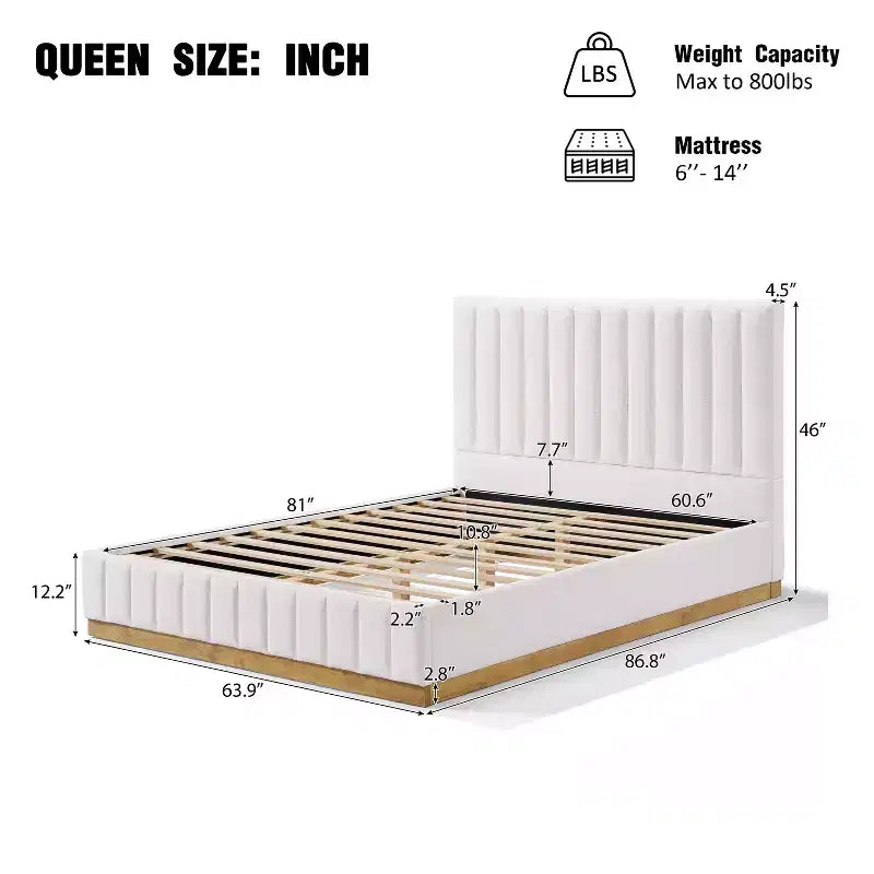 Modern Linen Upholstered Platform Bed Frame with Vertically Stitched Thick Headboard
