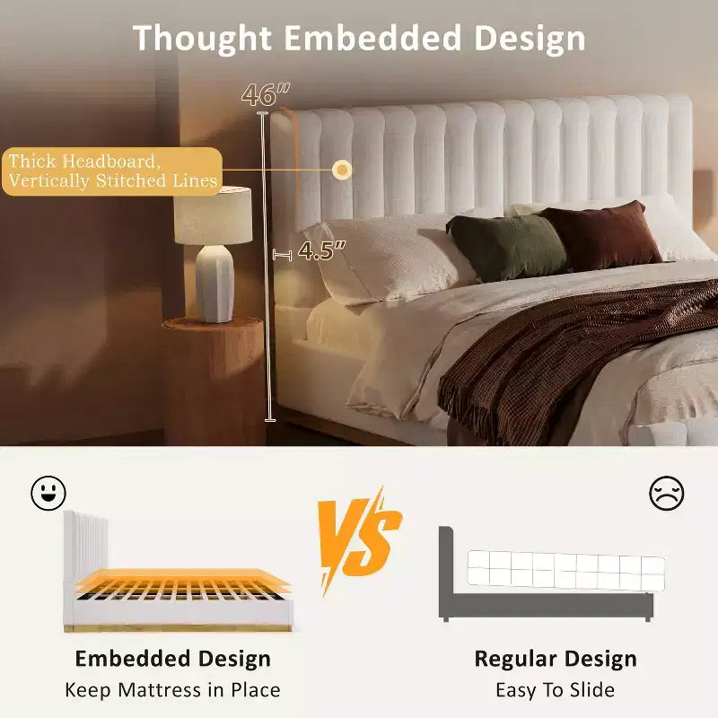 Modern Linen Upholstered Platform Bed Frame with Vertically Stitched Thick Headboard