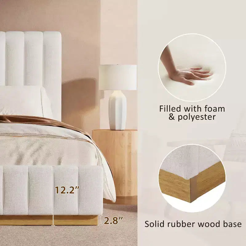 Modern Linen Upholstered Platform Bed Frame with Vertically Stitched Thick Headboard