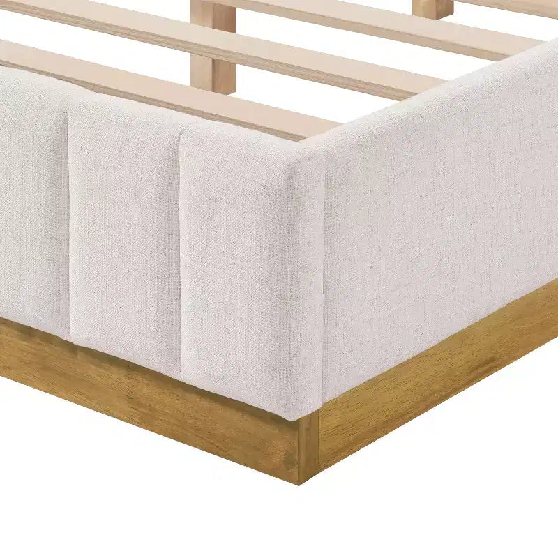 Modern Linen Upholstered Platform Bed Frame with Vertically Stitched Thick Headboard