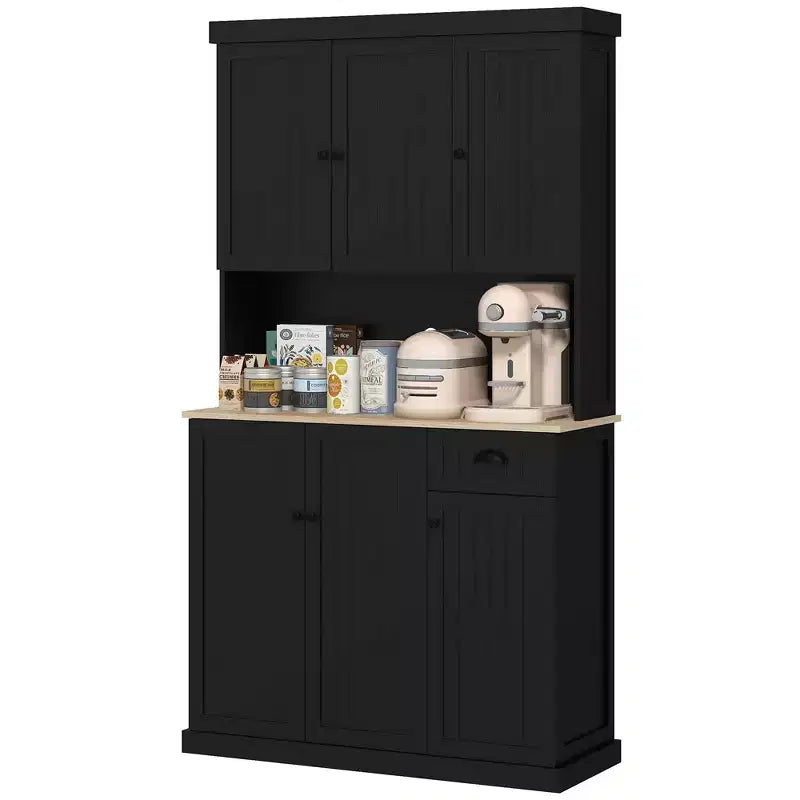 71 Buffet with Hutch, Modern Farmhouse Kitchen Pantry Storage Cabinet with Microwave Oven Countertop, Drawer, and Cupboard