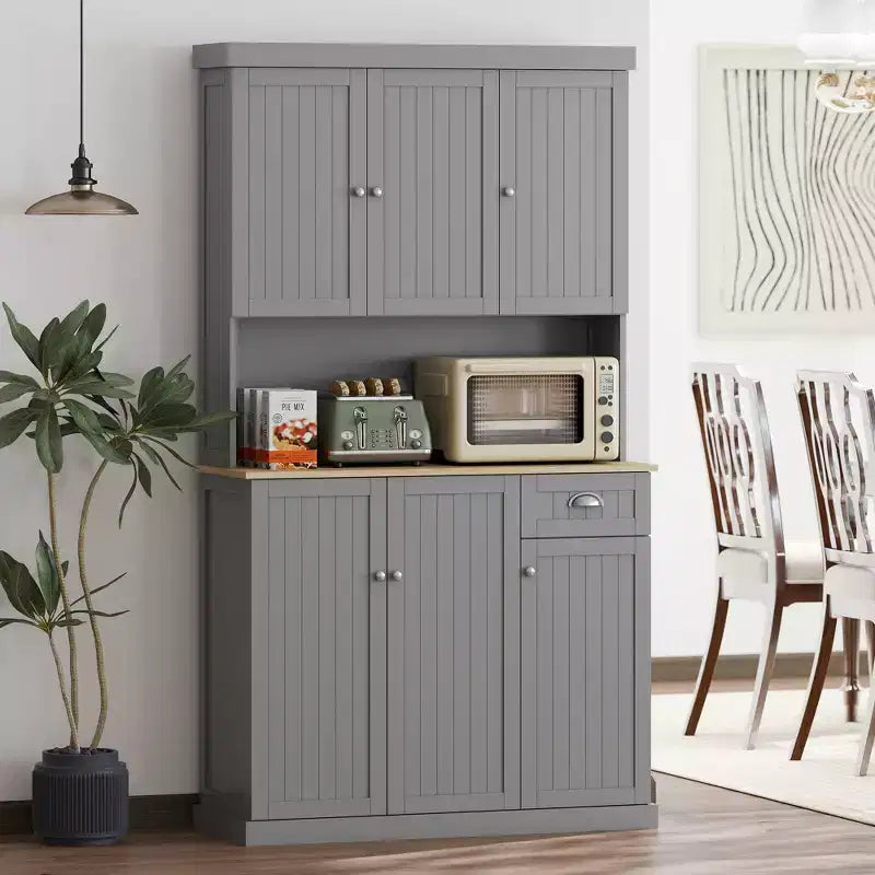 71 Buffet with Hutch, Modern Farmhouse Kitchen Pantry Storage Cabinet with Microwave Oven Countertop, Drawer, and Cupboard