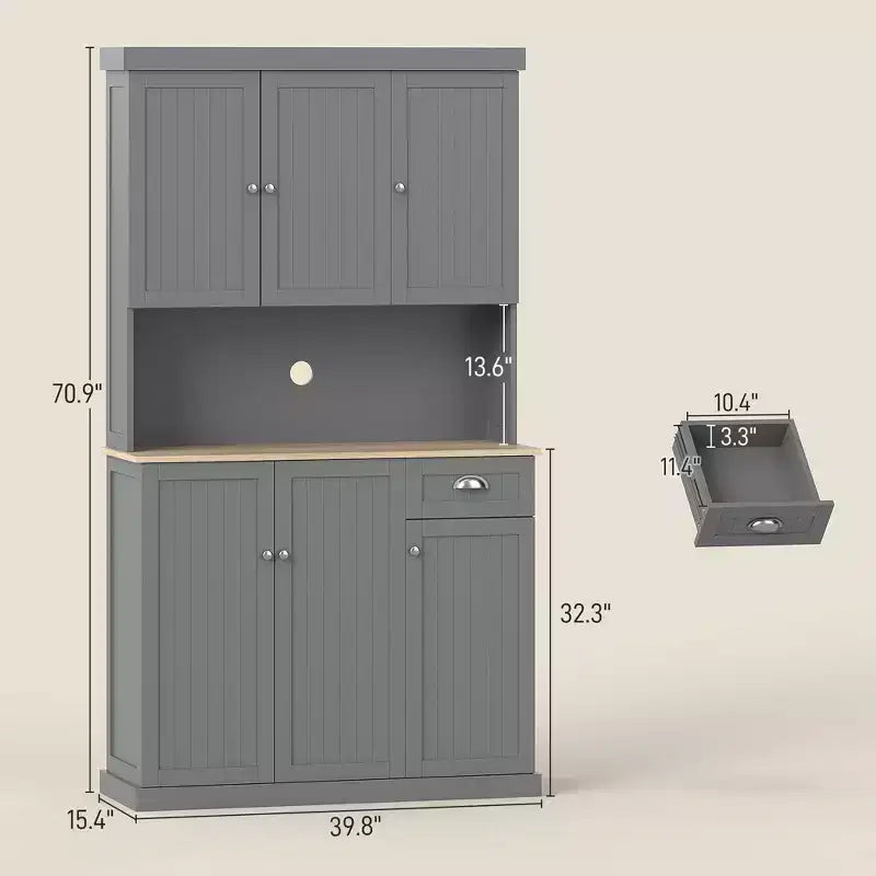 71 Buffet with Hutch, Modern Farmhouse Kitchen Pantry Storage Cabinet with Microwave Oven Countertop, Drawer, and Cupboard