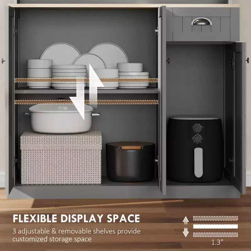 71 Buffet with Hutch, Modern Farmhouse Kitchen Pantry Storage Cabinet with Microwave Oven Countertop, Drawer, and Cupboard