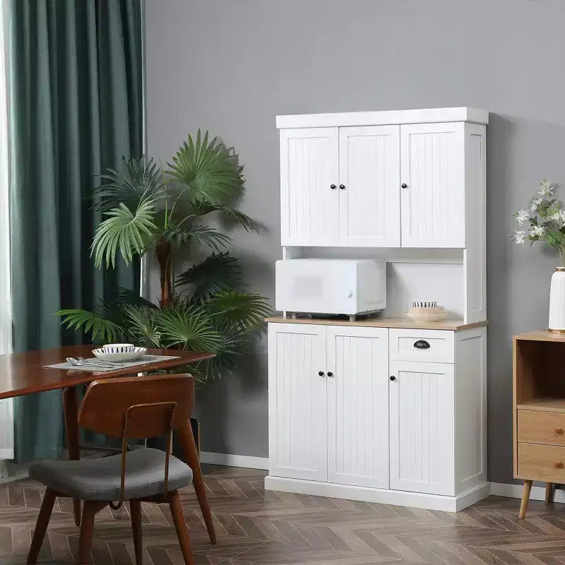 71 Buffet with Hutch, Modern Farmhouse Kitchen Pantry Storage Cabinet with Microwave Oven Countertop, Drawer, and Cupboard