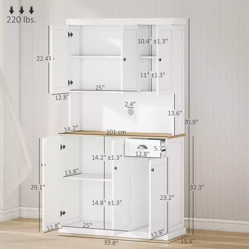 71 Buffet with Hutch, Modern Farmhouse Kitchen Pantry Storage Cabinet with Microwave Oven Countertop, Drawer, and Cupboard