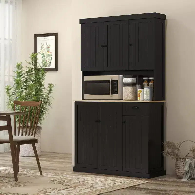 71 Buffet with Hutch, Modern Farmhouse Kitchen Pantry Storage Cabinet with Microwave Oven Countertop, Drawer, and Cupboard