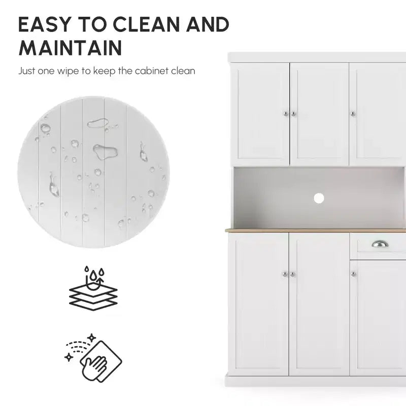 71 Buffet with Hutch, Modern Farmhouse Kitchen Pantry Storage Cabinet with Microwave Oven Countertop, Drawer, and Cupboard
