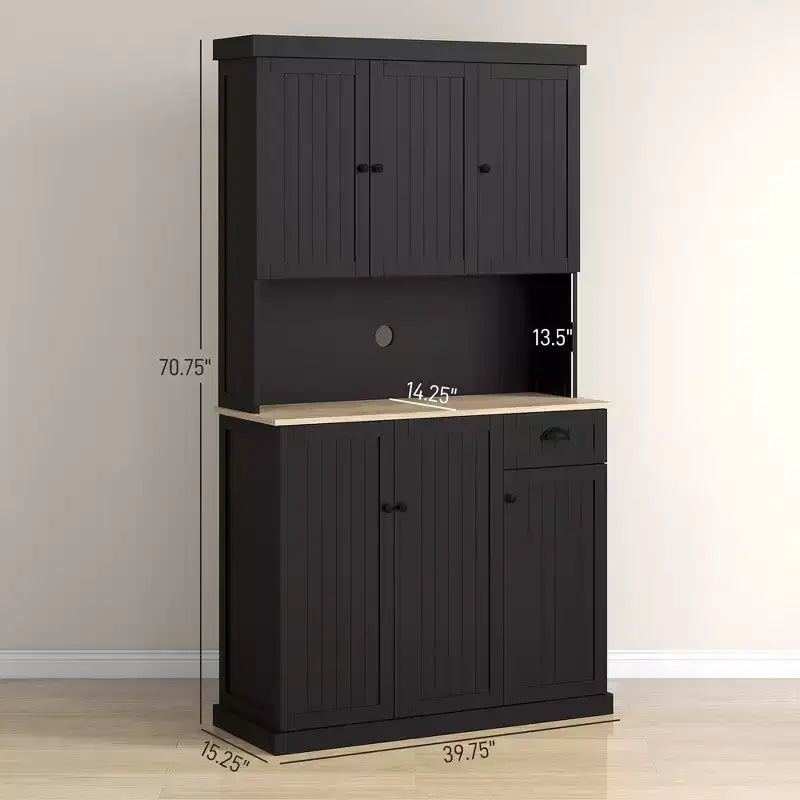71 Buffet with Hutch, Modern Farmhouse Kitchen Pantry Storage Cabinet with Microwave Oven Countertop, Drawer, and Cupboard