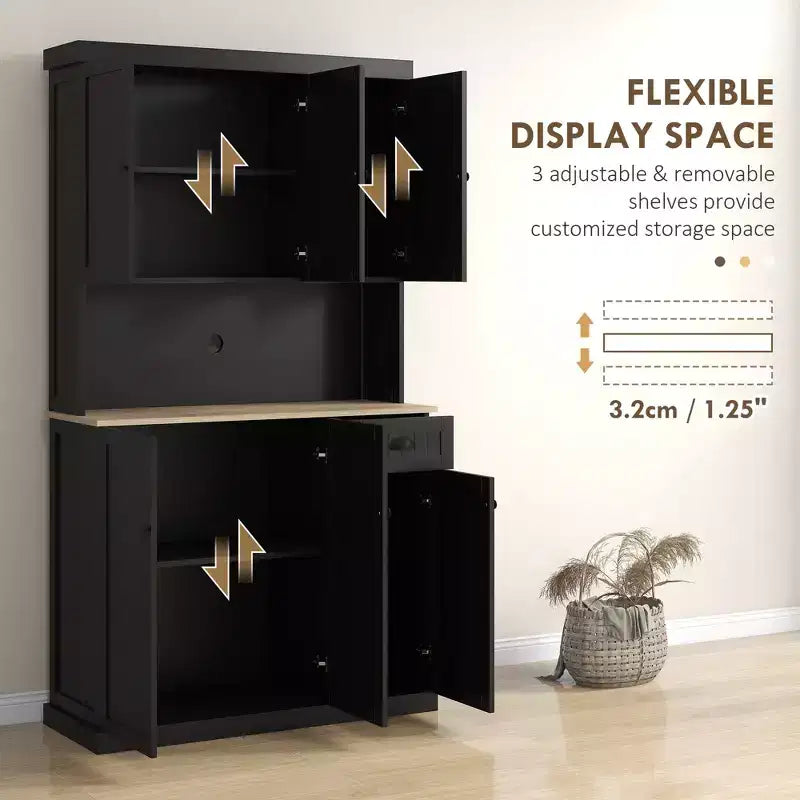 71 Buffet with Hutch, Modern Farmhouse Kitchen Pantry Storage Cabinet with Microwave Oven Countertop, Drawer, and Cupboard