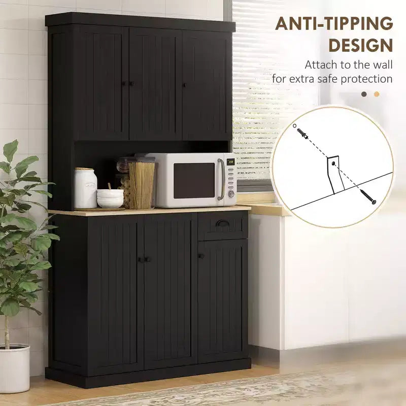 71 Buffet with Hutch, Modern Farmhouse Kitchen Pantry Storage Cabinet with Microwave Oven Countertop, Drawer, and Cupboard