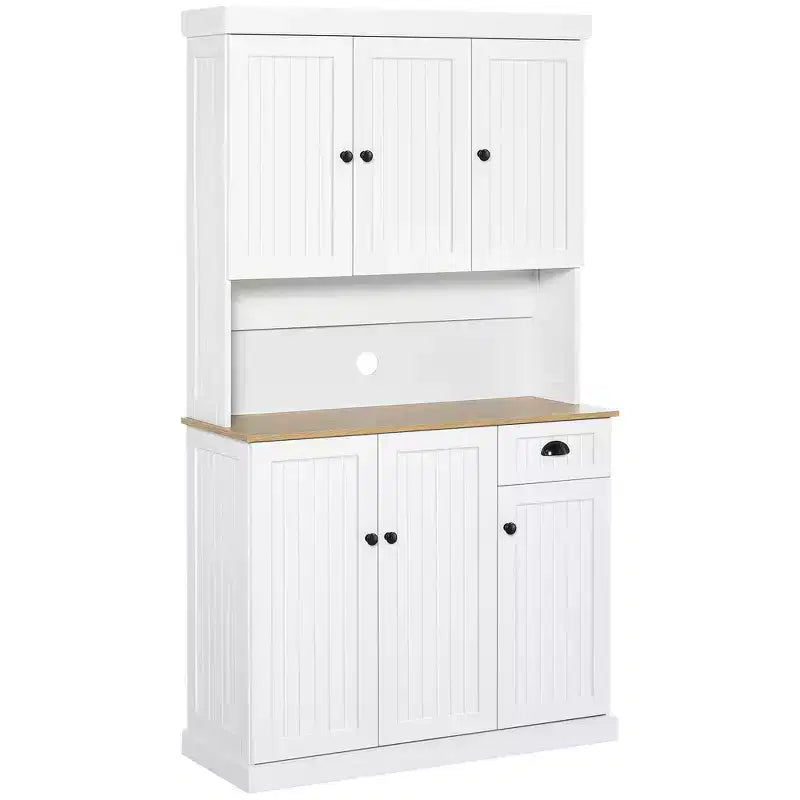 71 Buffet with Hutch, Modern Farmhouse Kitchen Pantry Storage Cabinet with Microwave Oven Countertop, Drawer, and Cupboard