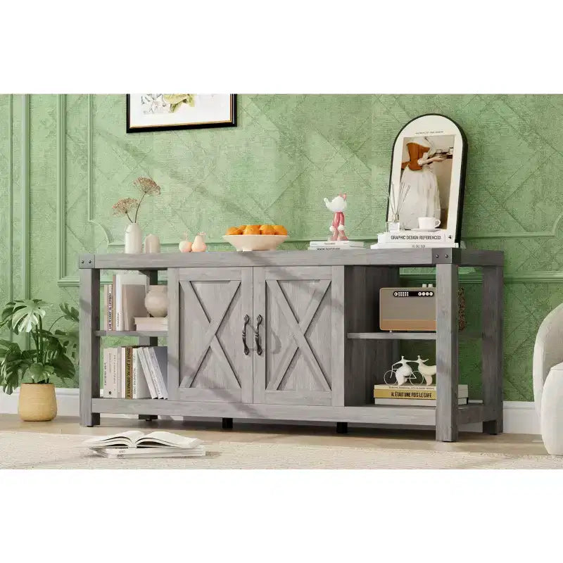 CuisinSmart Farmhouse Wooden TV Cabinet Up To 65'' TVs, TV Media Console Table with Adjustable Shelves & 2 Cabinets, for Living Room Bedroom