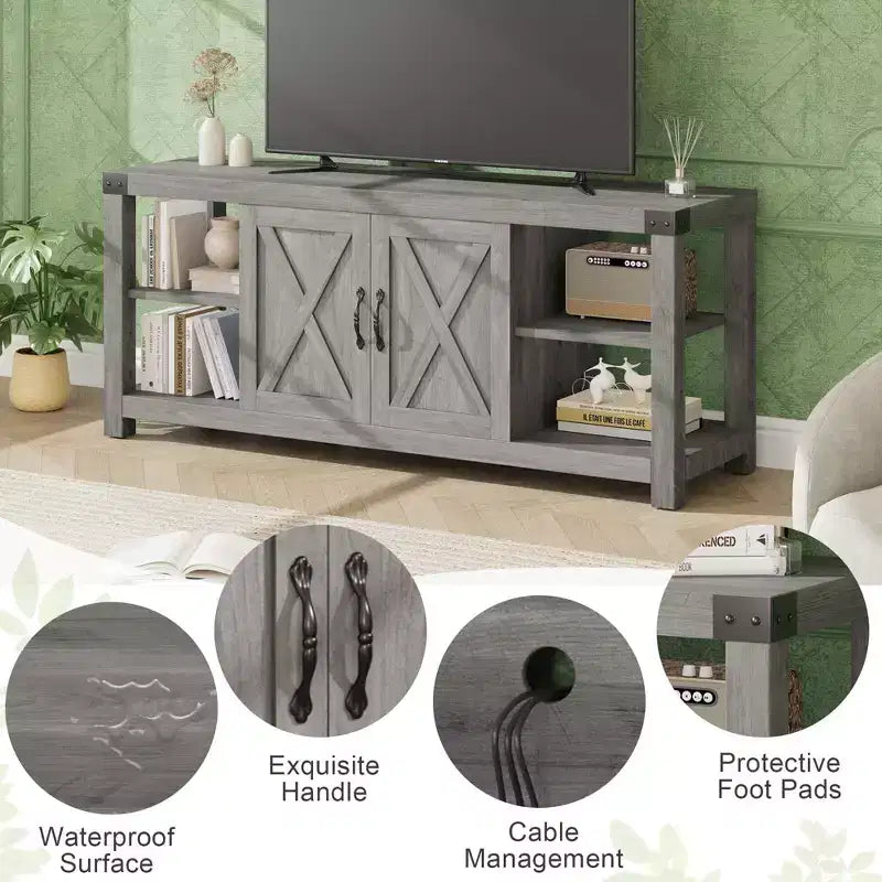 Farmhouse Wood TV Cabinet for TVs up to 65", Adjustable Shelves & 2 Cabinets
