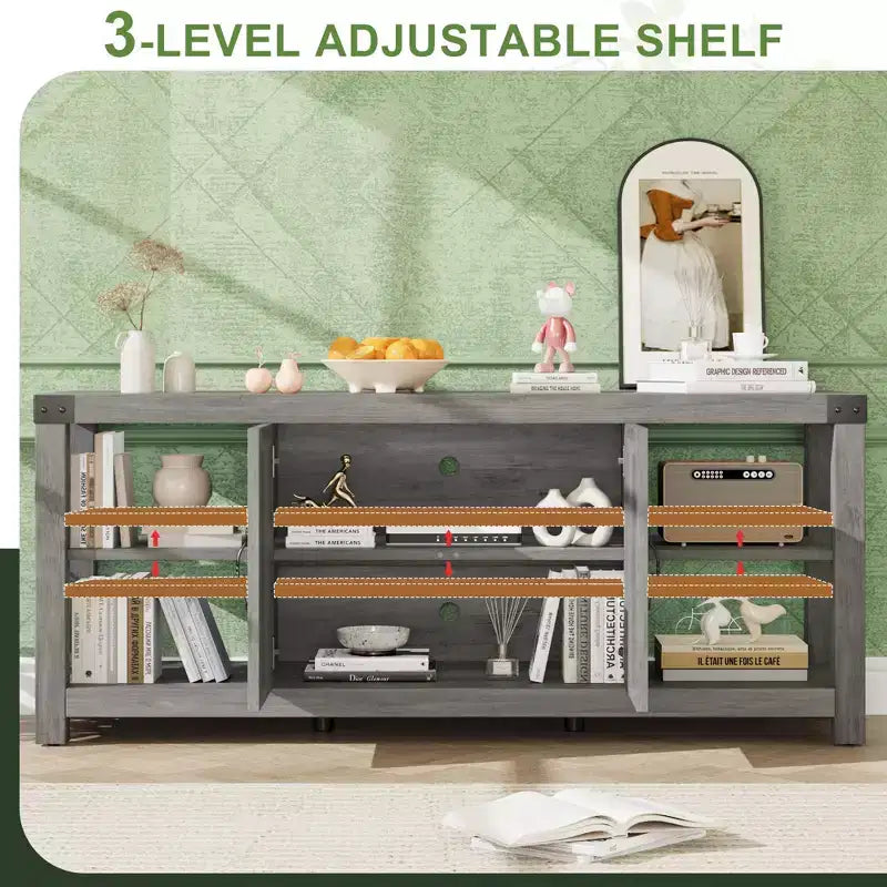 Farmhouse Wood TV Cabinet for TVs up to 65", Adjustable Shelves & 2 Cabinets