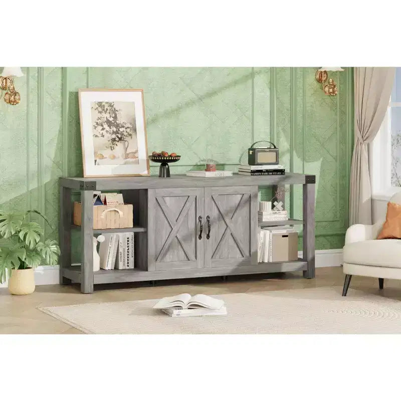 Farmhouse Wood TV Cabinet for TVs up to 65", Adjustable Shelves & 2 Cabinets