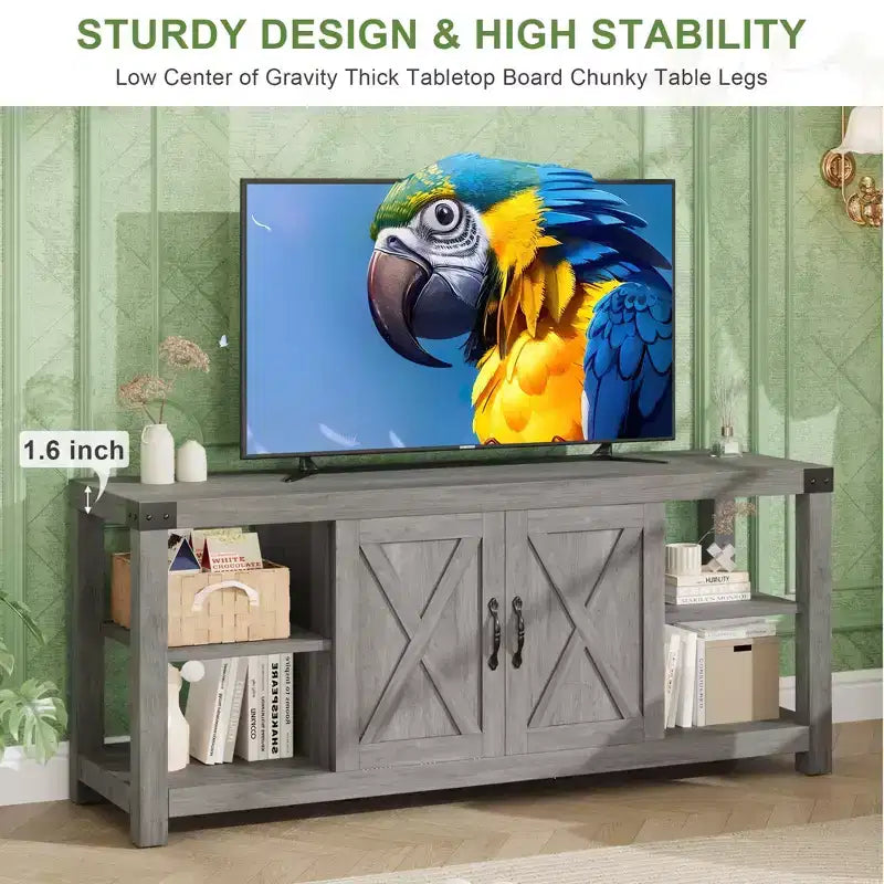 Farmhouse Wood TV Cabinet for TVs up to 65", Adjustable Shelves & 2 Cabinets