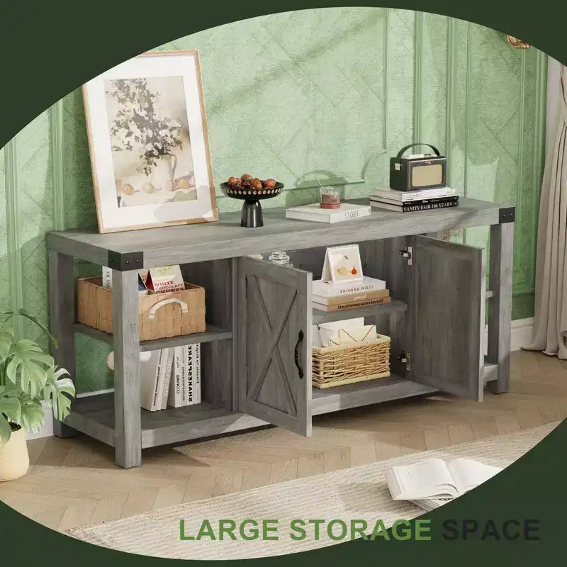Farmhouse Wood TV Cabinet for TVs up to 65", Adjustable Shelves & 2 Cabinets