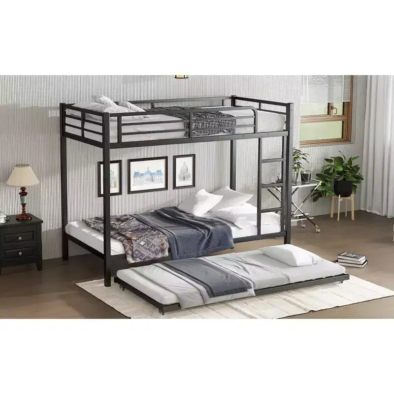 Twin XL Over Twin XL Metal Bunk Bed with Trundle, Guardrails & Noise-Free, Black