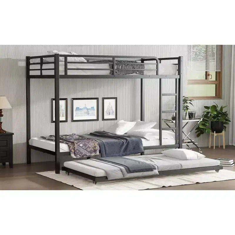 Twin XL Over Twin XL Metal Bunk Bed with Trundle, Guardrails & Noise-Free, Black