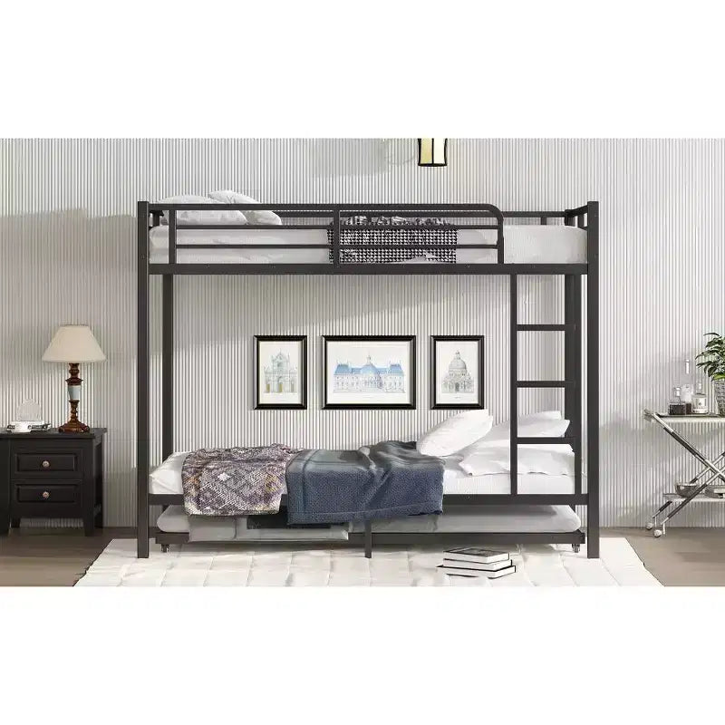 Twin XL Over Twin XL Metal Bunk Bed with Trundle, Guardrails & Noise-Free, Black