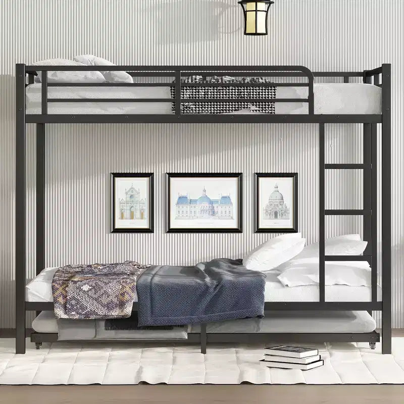 Twin XL Over Twin XL Metal Bunk Bed with Trundle, Guardrails & Noise-Free, Black