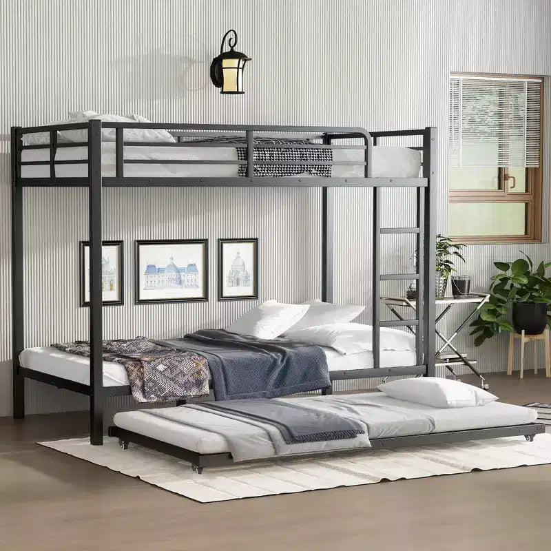 Twin XL Over Twin XL Metal Bunk Bed with Trundle, Guardrails & Noise-Free, Black