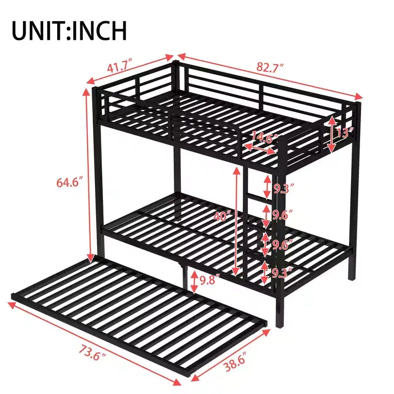 Twin XL Over Twin XL Metal Bunk Bed with Trundle, Guardrails & Noise-Free, Black