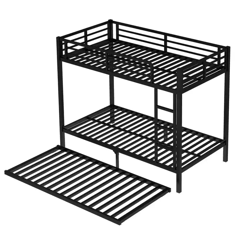 Twin XL Over Twin XL Metal Bunk Bed with Trundle, Guardrails & Noise-Free, Black
