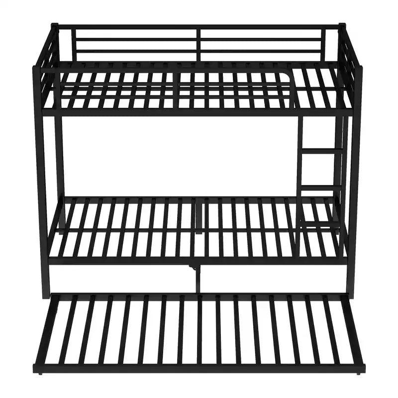 Twin XL Over Twin XL Metal Bunk Bed with Trundle, Guardrails & Noise-Free, Black