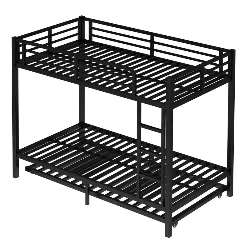Twin XL Over Twin XL Metal Bunk Bed with Trundle, Guardrails & Noise-Free, Black