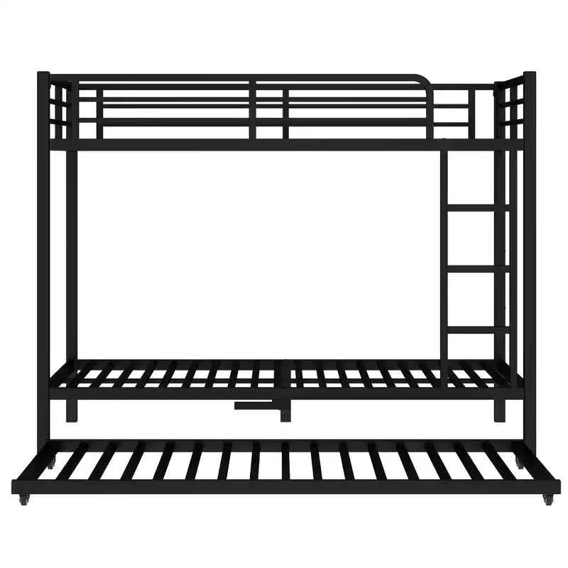Twin XL Over Twin XL Metal Bunk Bed with Trundle, Guardrails & Noise-Free, Black