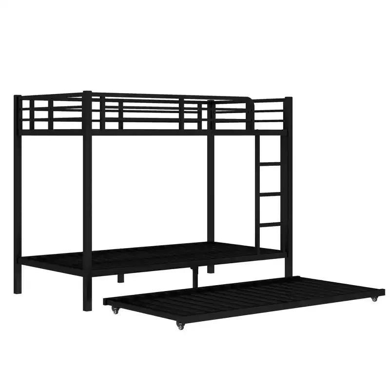 Twin XL Over Twin XL Metal Bunk Bed with Trundle, Guardrails & Noise-Free, Black
