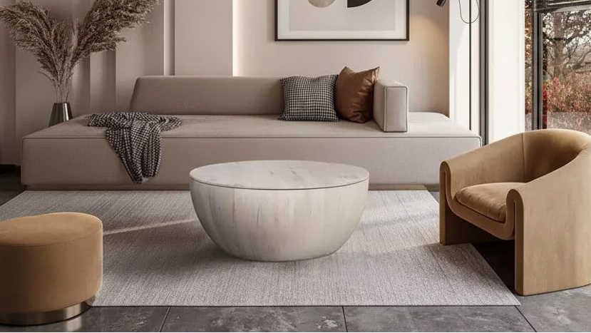 Royal Hampton 37 Inch Round Coffee Table, Handcrafted Drum Shape with Storage, Washed White Mango Wood