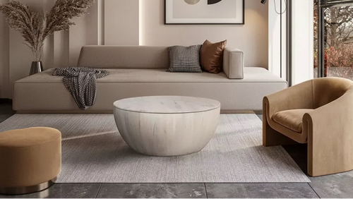Royal Hampton 37 Inch Round Coffee Table, Handcrafted Drum Shape with Storage, Washed White Mango Wood