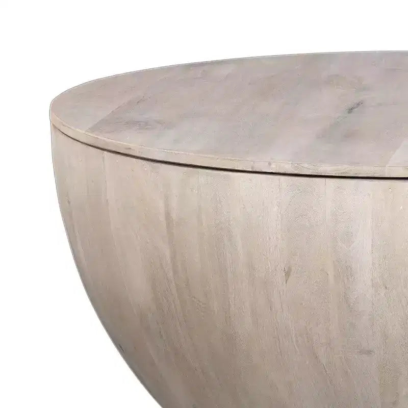 37" Round Drum Coffee Table with Storage, Handcrafted Washed White Mango Wood