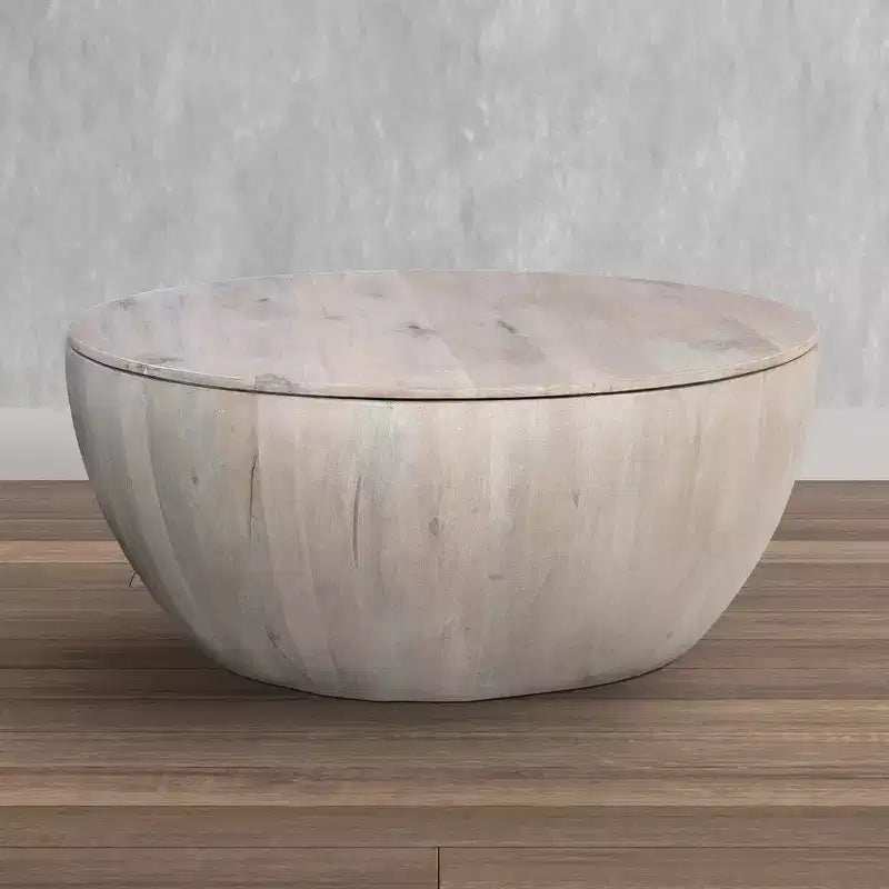 37" Round Drum Coffee Table with Storage, Handcrafted Washed White Mango Wood
