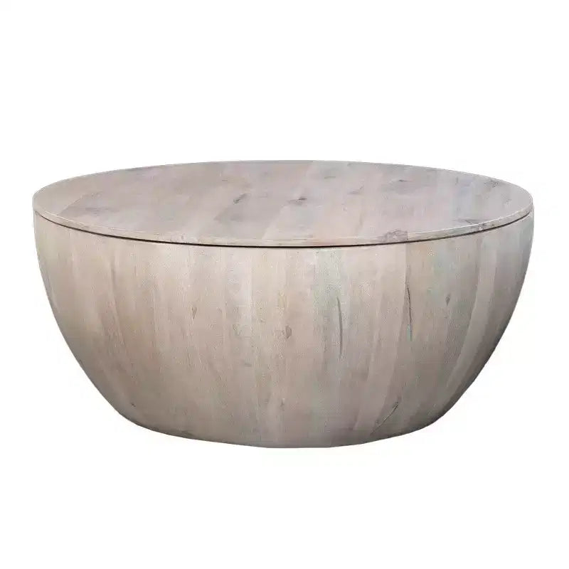 37" Round Drum Coffee Table with Storage, Handcrafted Washed White Mango Wood