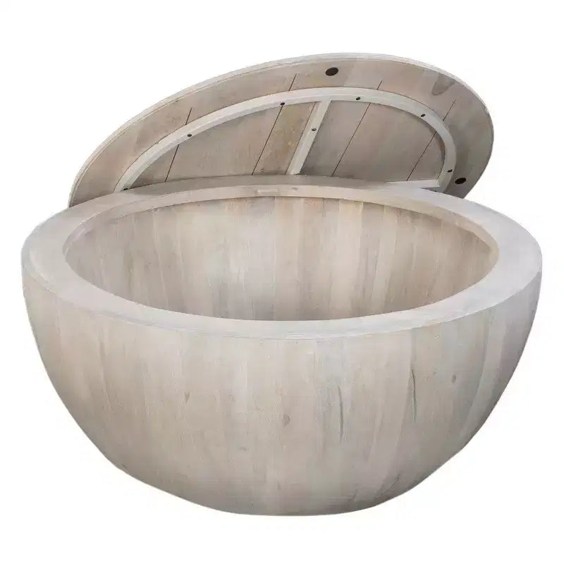 37" Round Drum Coffee Table with Storage, Handcrafted Washed White Mango Wood