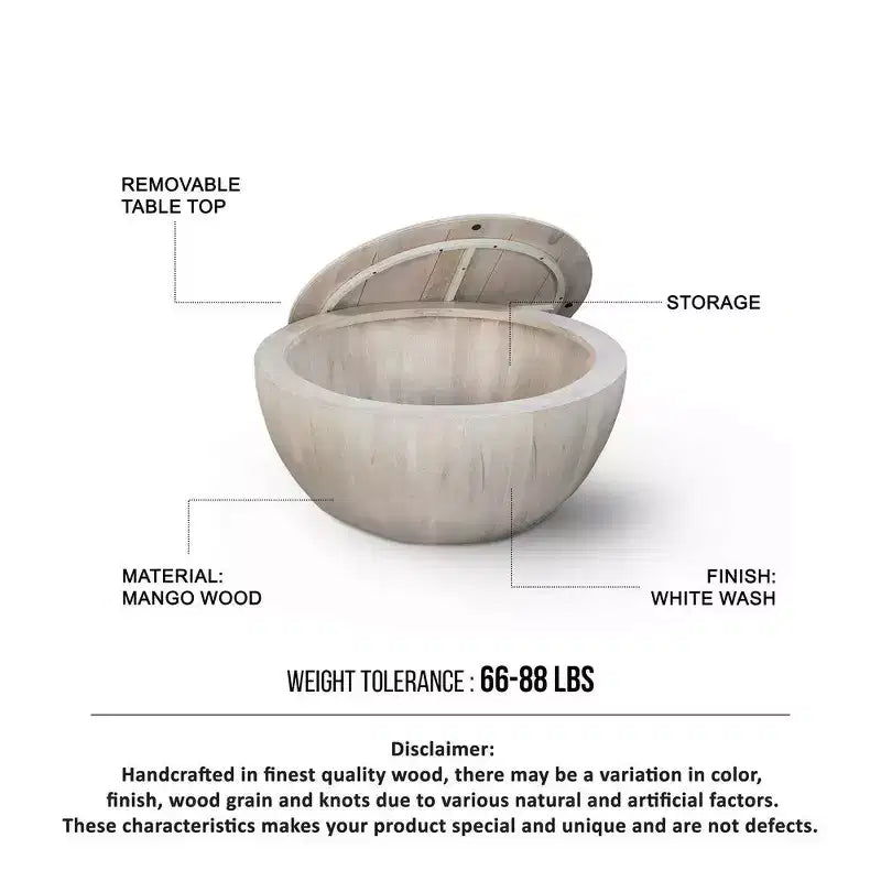 37" Round Drum Coffee Table with Storage, Handcrafted Washed White Mango Wood