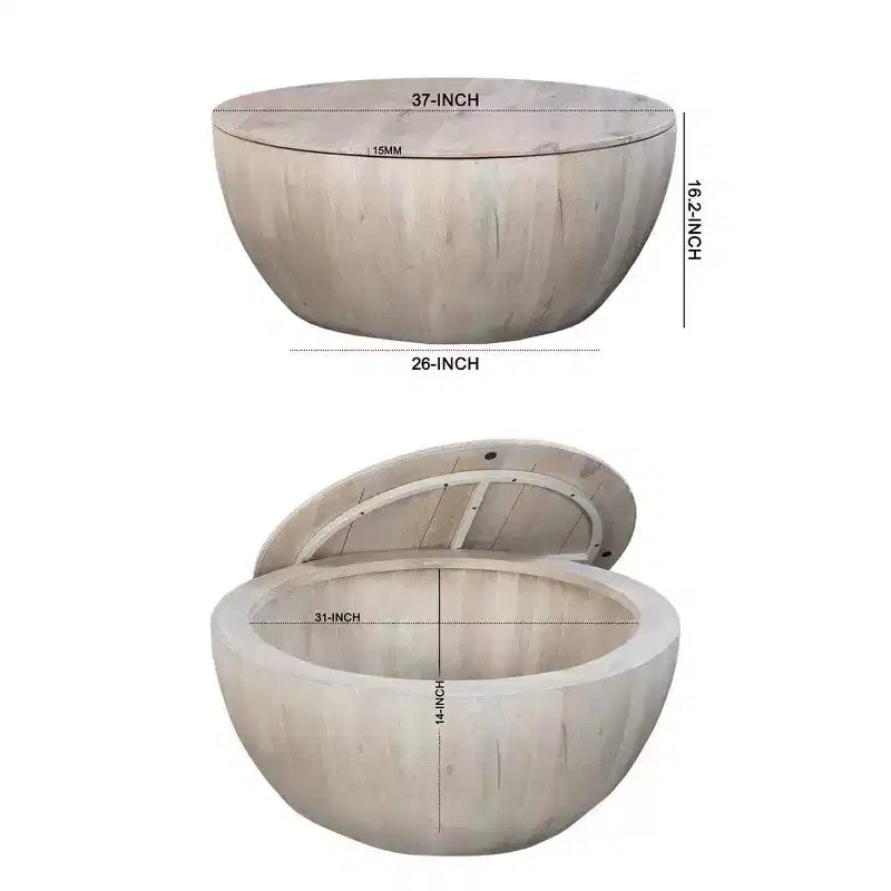 37" Round Drum Coffee Table with Storage, Handcrafted Washed White Mango Wood