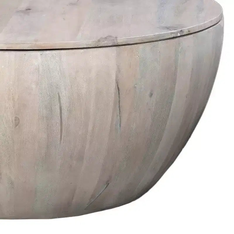 37" Round Drum Coffee Table with Storage, Handcrafted Washed White Mango Wood