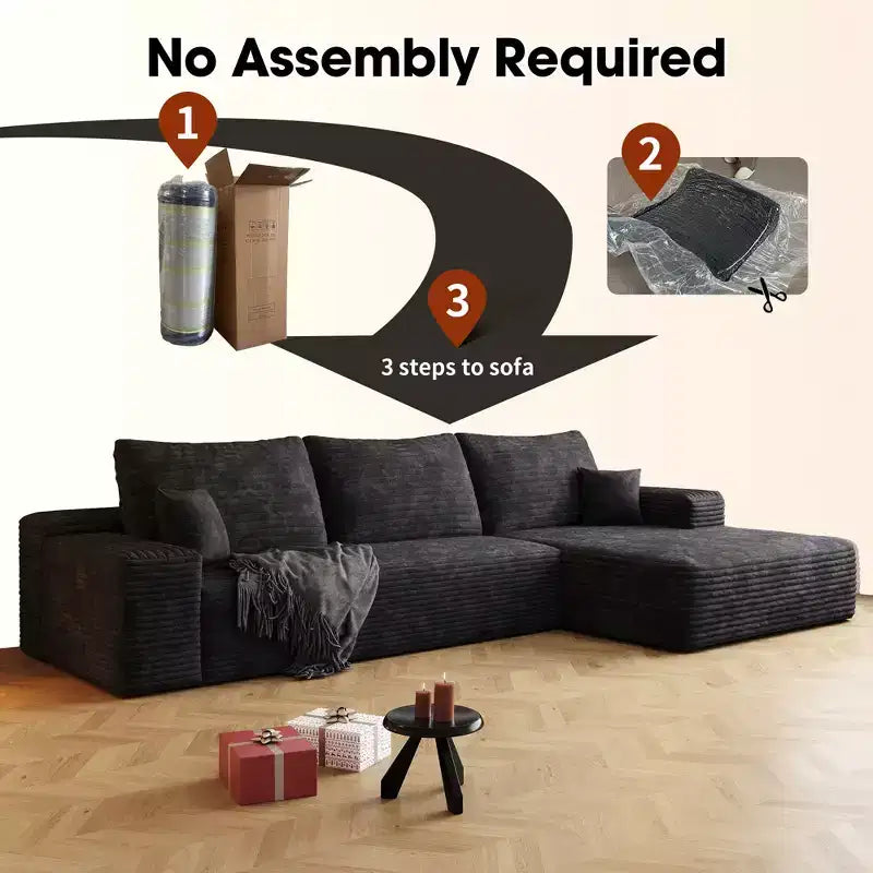 107" Cloud L-Shape Sofa, Corduroy Deep Seat, No Assembly Required, Living Room