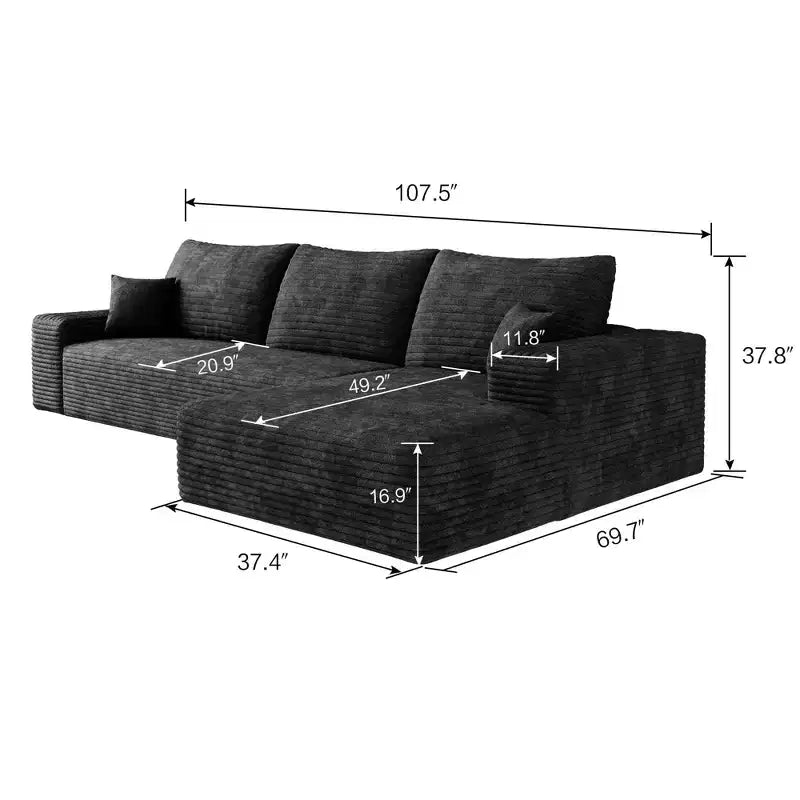 107" Cloud L-Shape Sofa, Corduroy Deep Seat, No Assembly Required, Living Room