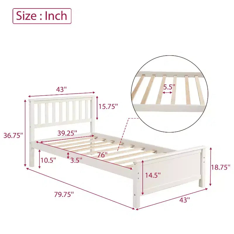 Twin Size Wood Platform Bed with Headboard, Footboard and Wood Slat Support, Walnut