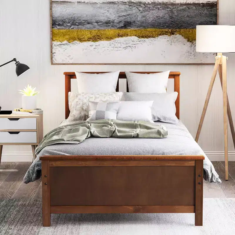 Twin Size Wood Platform Bed with Headboard, Footboard and Wood Slat Support, Walnut